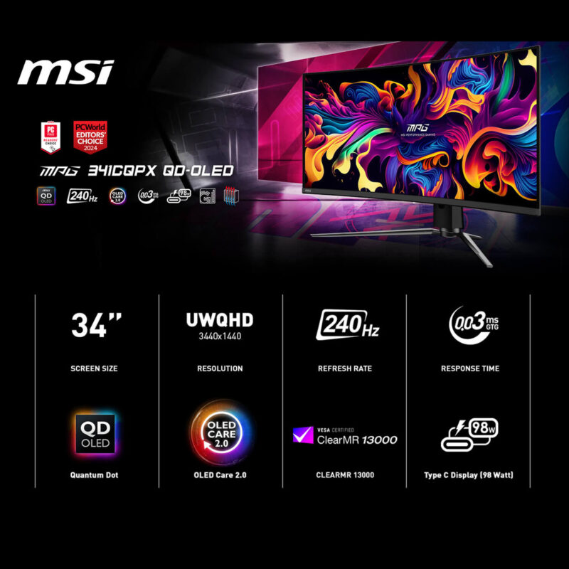 MSI MPG 341CQPX QD-OLED Curved Gaming Monitor - 34 inch (3440 x 1440) UWQHD, QD-OLED, 240Hz, 0.03ms - Image 10