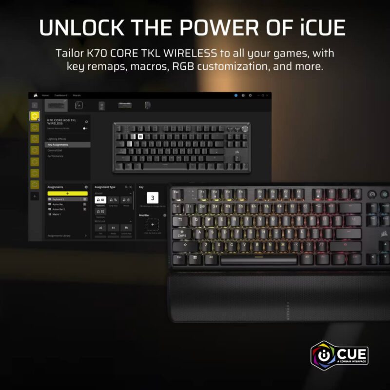 CORSAIR K70 CORE TKL Wireless RGB Mechanical Gaming Keyboard - Pre-Lubricated MLX Red Linear Switches - Image 9