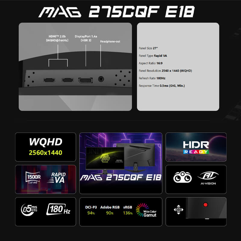 MSI MAG 275CQF E18 Curved Gaming Monitor – 27 inch WQHD (2560 x 1440), FreeSync, RapidVA, 180Hz, 0.5ms - Image 6