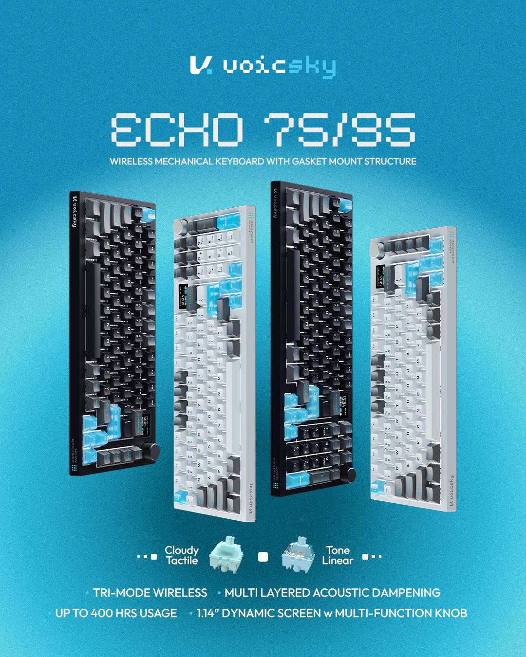 VOICSKY Echo 96 Wireless Mechanical Keyboard With Dynamic Screen - VOICSKY TONE - Silent & Linear Switches | VOICSKY CLOUDY - Bouncy & Tactile Switches - Image 3