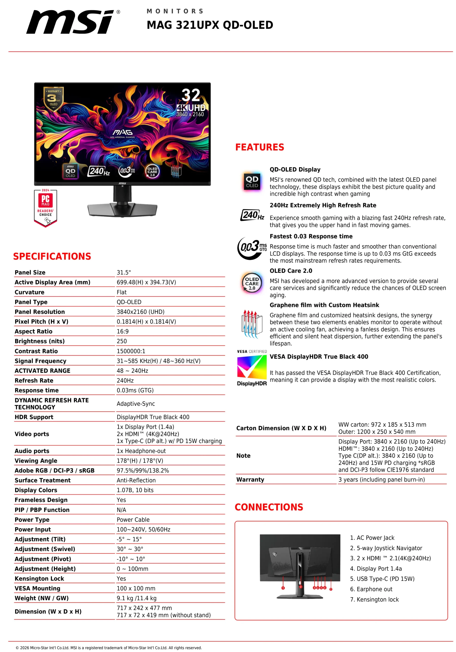 MSI MAG 321UPX QD-OLED Gaming Monitor – 32 inch UHD (3840 x 2160), QD-OLED, 240Hz, 0.03ms - Image 12