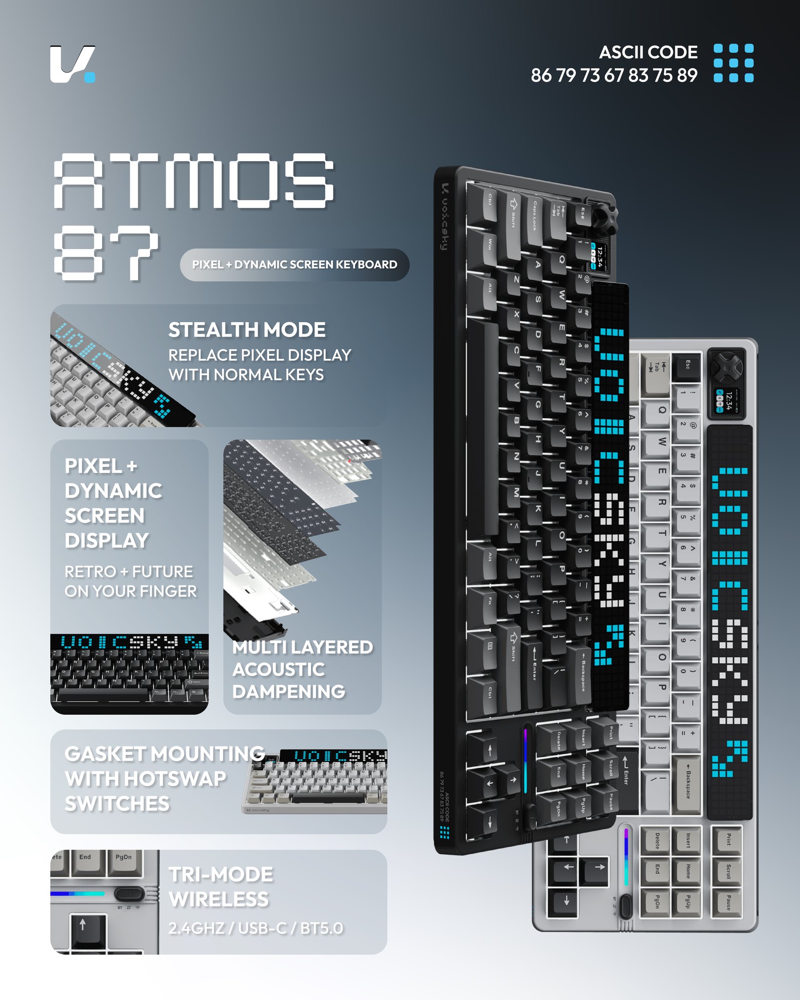 VOICSKY Atmos 87 Pixel Dynamic Screen Wireless Mechanical Keyboard With Gasket Mount | VOICSKY CLOUDY - Bouncy & Tactile Switches - Image 3